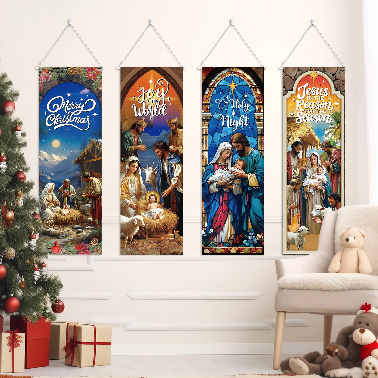 4 Pcs Christmas Church Banners Nativity Scene Banners Backdrops Xmas Religious Hanging Banners Jesus Merry Christmas Decorations