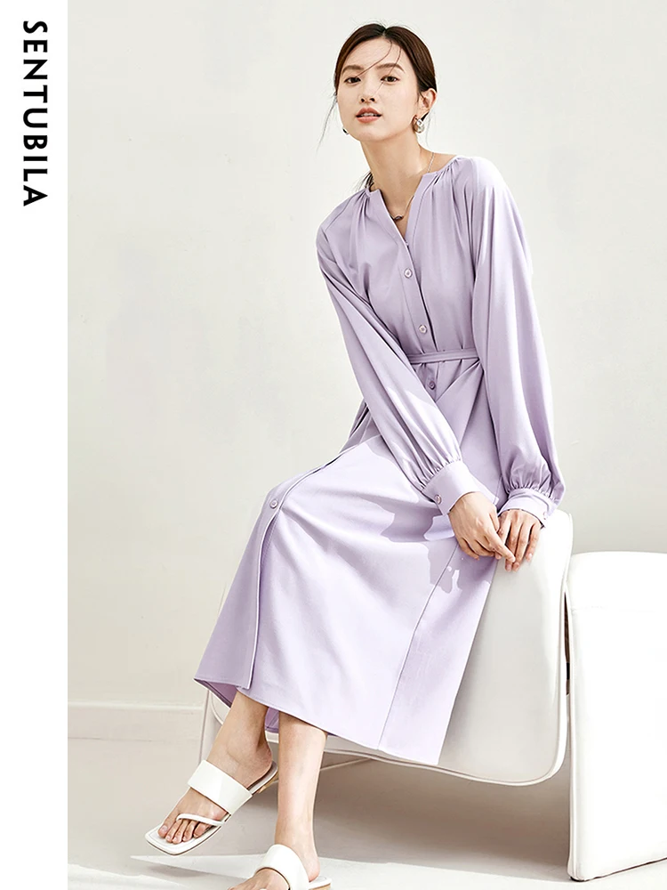 Imagem -02 - Sentubila-vestido Midi de Manga Comprida Feminino Decote em v Ajuste Solto Botões para Baixo Cinto Amarrado Roxo Moda Elegante Outono 2023