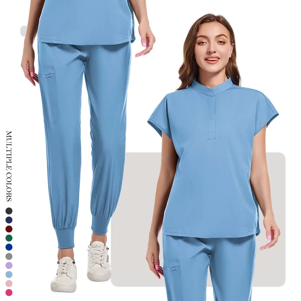 Plus Size Scrubs Set Women Medical Nurse Uniforms Stand Neck V-cut Scrub Top Jogger Pants Vet Doctor Healthcare Workers Workwear