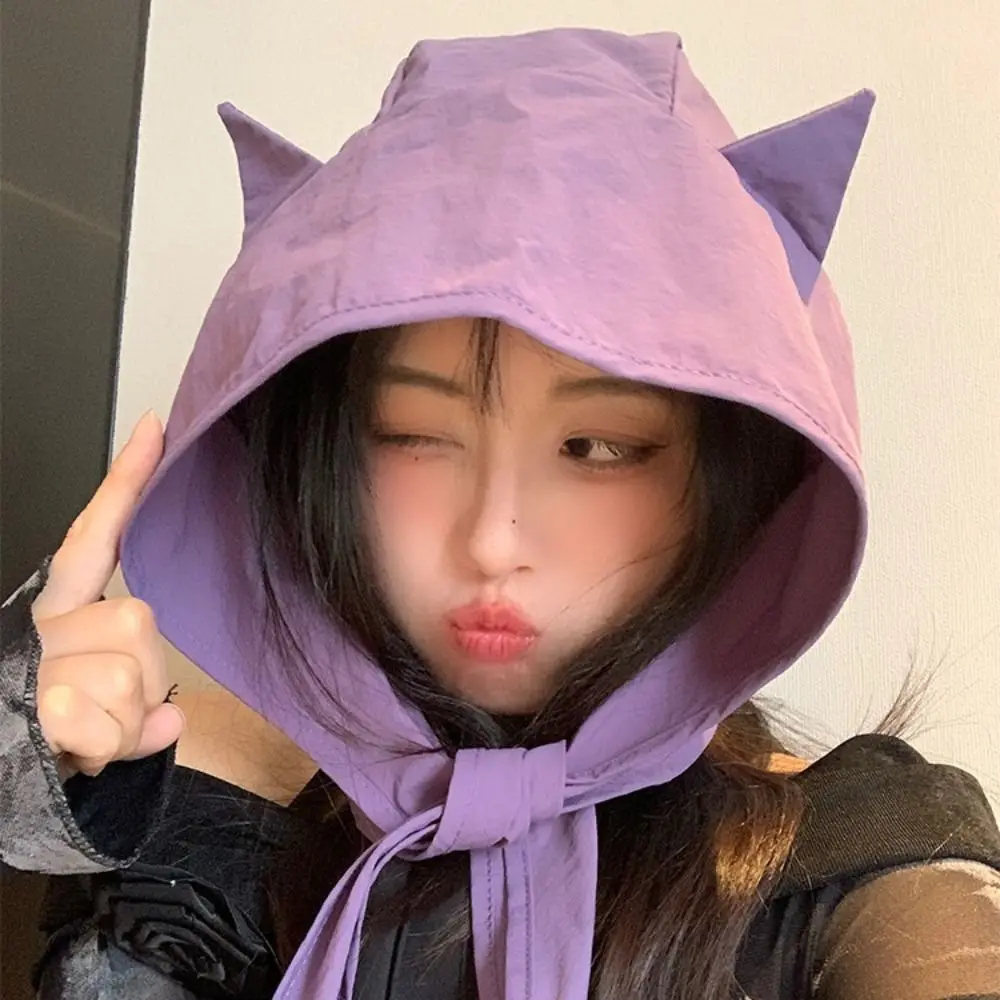 Çok yönlü kore tarzı küçük şeytan boynuz başörtüsü düz renk güneşlikli kep askısı şapka çabuk kuruyan güneş koruyucu şapka bere kap açık