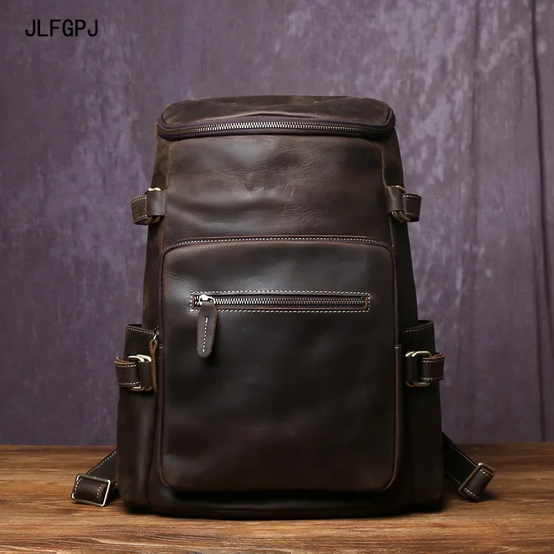 

Men's Handmade Head Layer Cowhide Zipper Buckle Double Shoulder Backpack Leather Large Capacity Casual Computer Bag