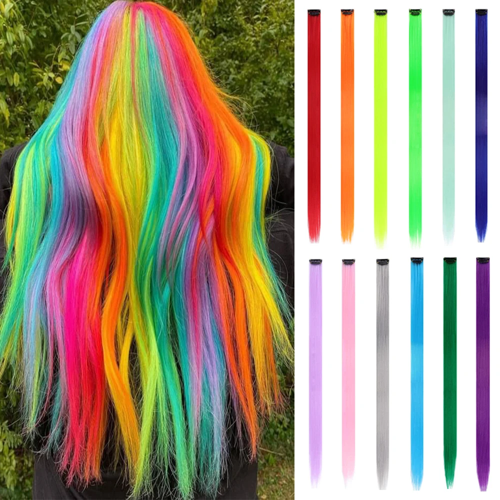 12pcs/pack Colored Party Synthetic Clip in Hair Extensions for Girls 22 inches Multi-colors Straight Hair Synthetic Hairpieces