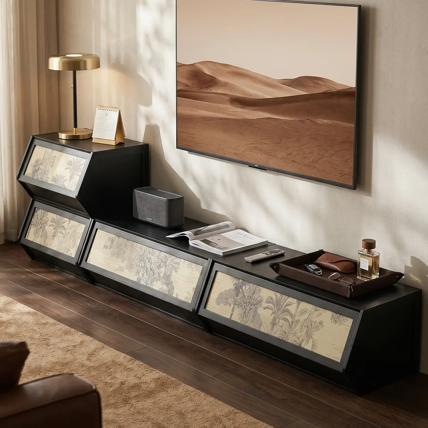 Retro style TV cabinet floor combination storage locker integrated against the wall living room home floor cabinet