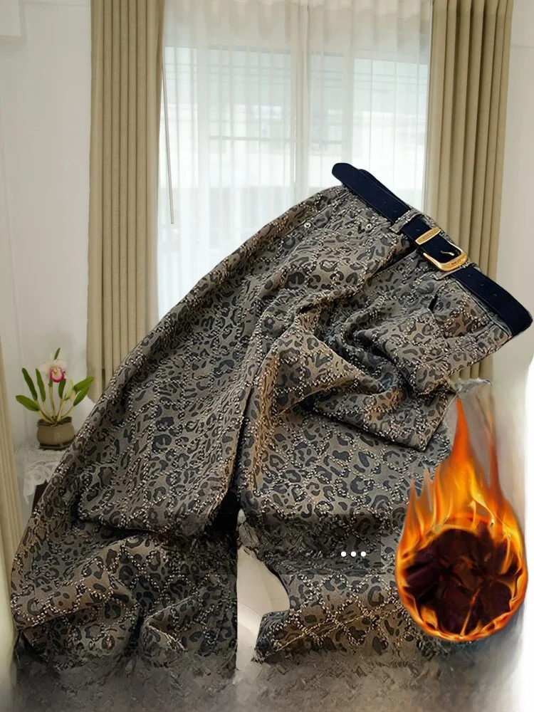 

Women's Fce Lined Denim Jeans Casual High Waist Loose Fit Autumn Winter Drapey Wide Leg Pants Leopard Print Comfortable