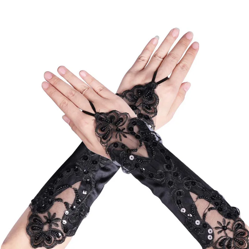 Women Satin Hook Finger Fingerless Gloves Retro Style Opera Stage Performance Etiquette Elasticity Lace Sequins Wedding Bride