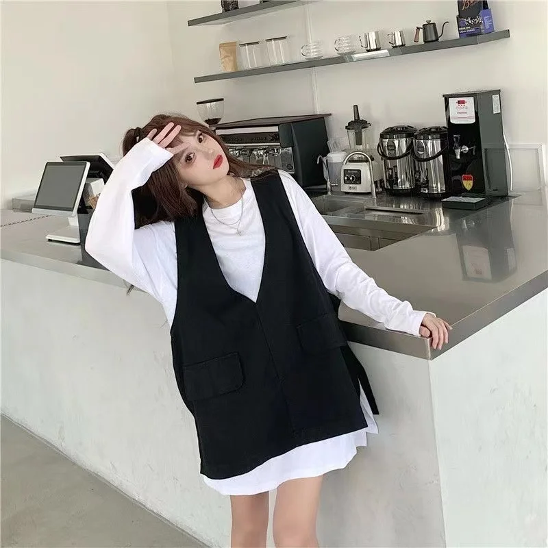 

Shirt +Vest Set Big Size Women Clothing Loose Long Sleeve Shirts Lady Autumn Spring Oversize Female Blouses Tops Girls Clothes