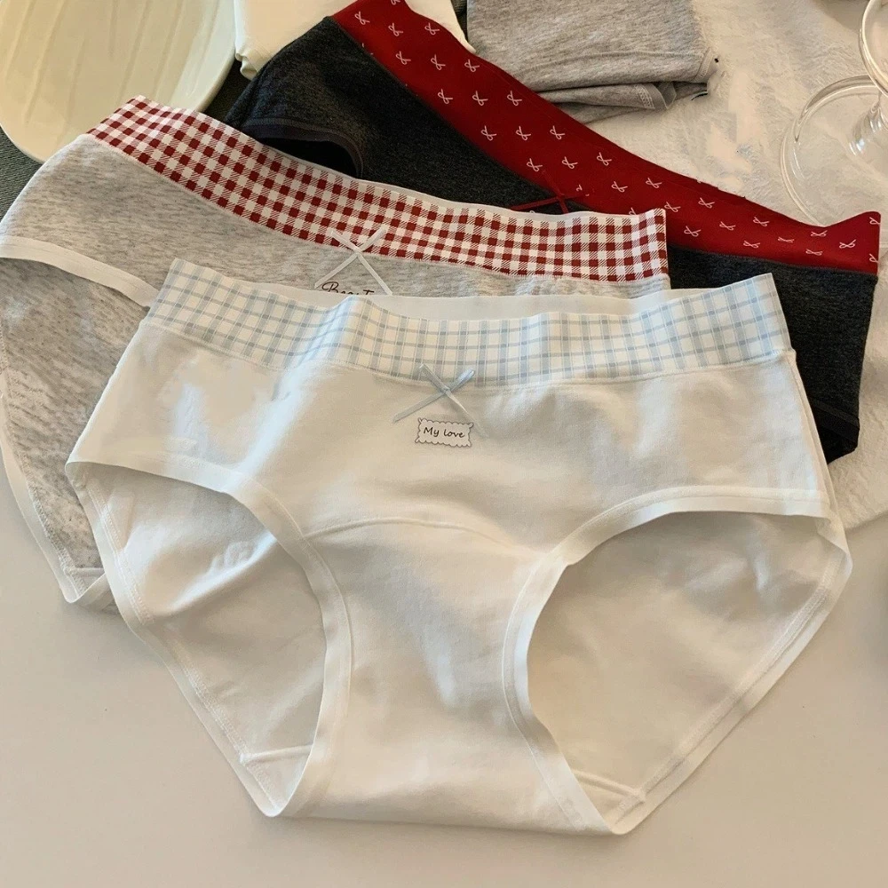 

Cute Mid-waist Underwear for Women Bow Patchwork Sweet Panties Underpants Stripe Lattice Cotton Briefs Lady