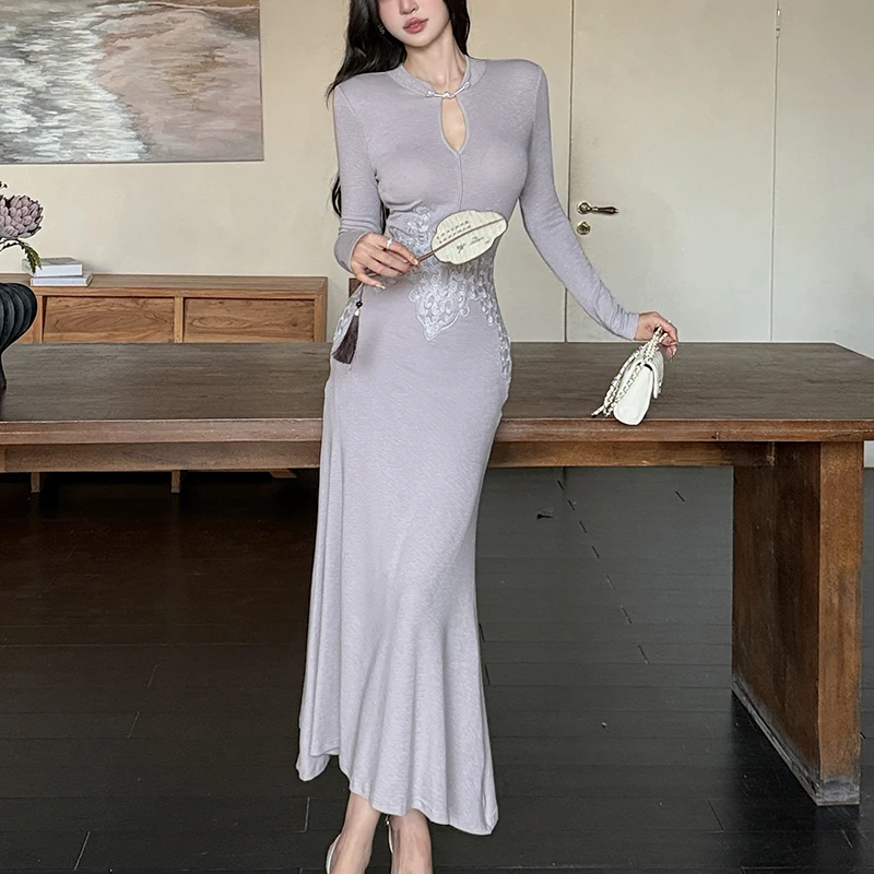 

Women Long Sleeve Floral Bodycon Dress Embroidered Flower Fall Fashion Ruched Mesh Wedding Guest Cocktail Party Maxi Dresses