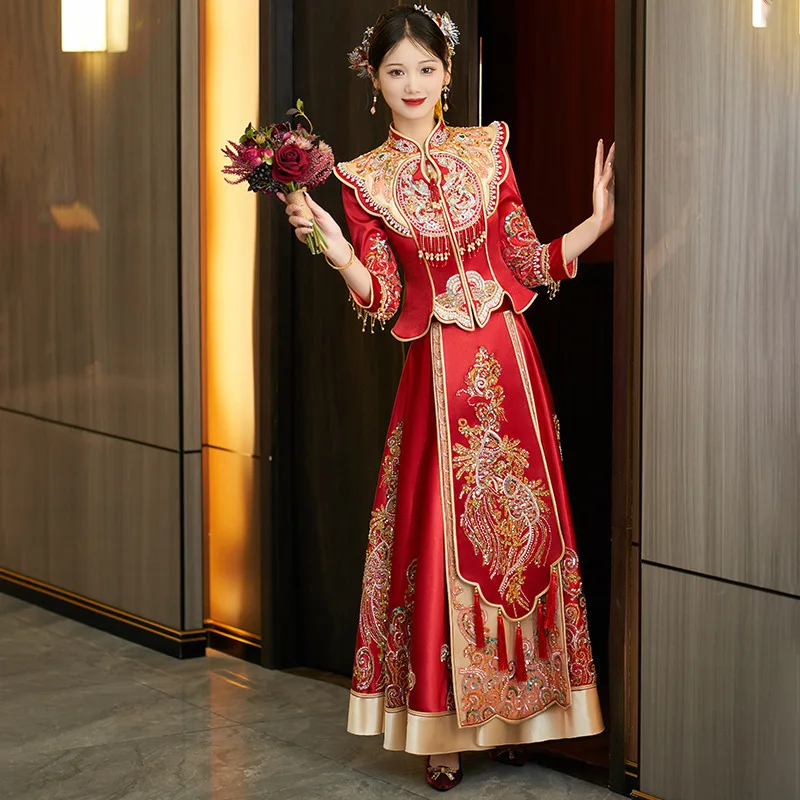 

Elegant Chinese Style Sequins Beading Tassels Wedding Dress Exquisite Mandarin Collar Marriage Cheongsam