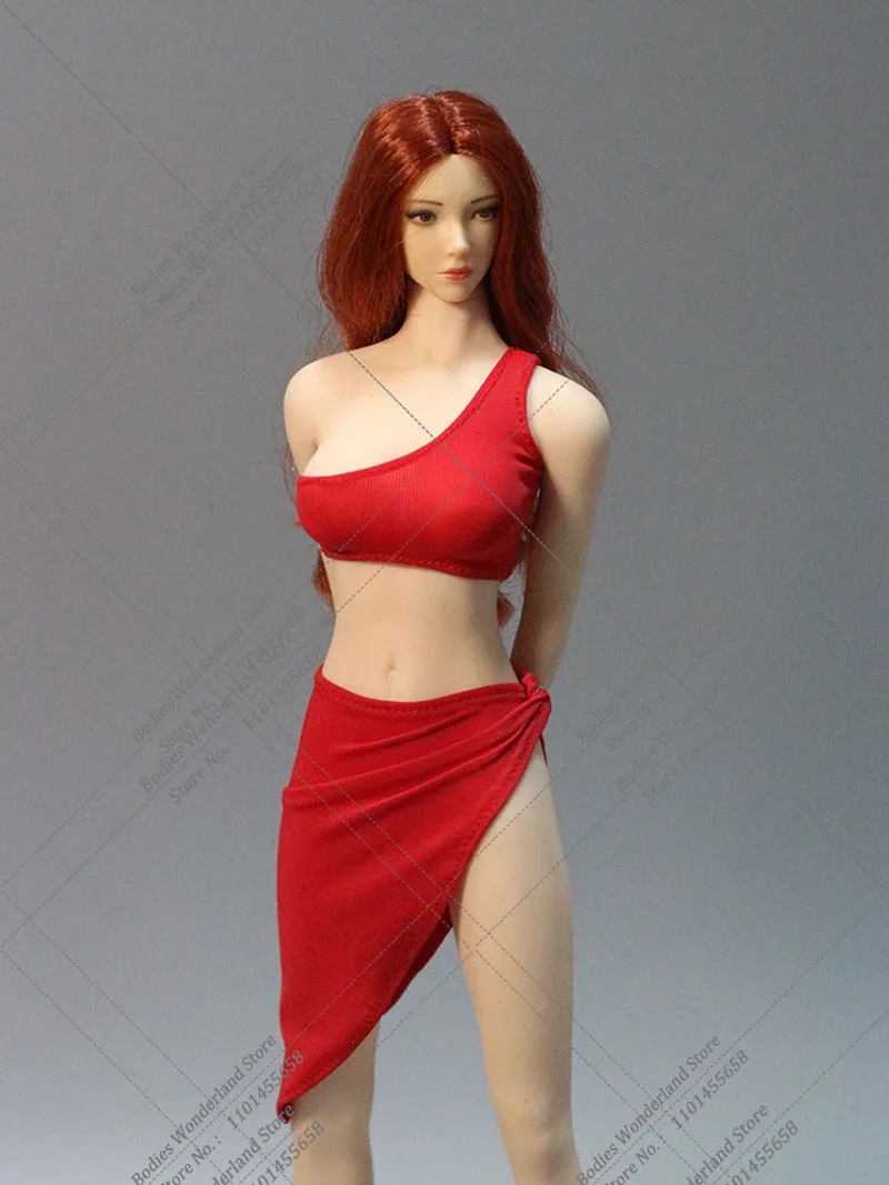 DMTOYS White Red Color 1/6 Scale Women's One Shoulder Short Top Split Hip Skirt Clothes Set Model Fit 12'' Soldier Action Figure