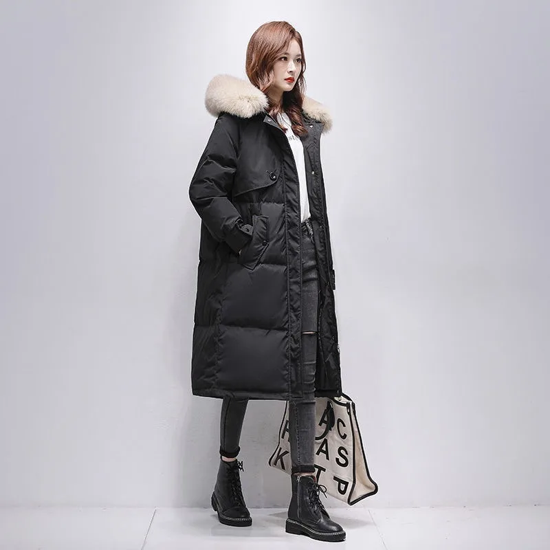 여성용 다운 재킷 겨울 후드 코트, 큰 모피 칼라 파카, 두꺼운 외투, 중간 길이 버전, 루즈 패션 오버코트, 2023 신상