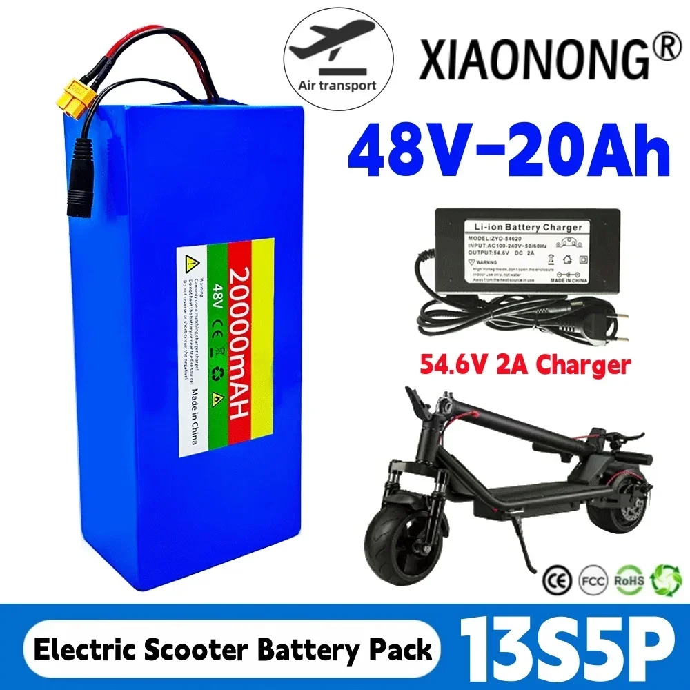 

New 13S5P 48V 20000mAh 18650 Li-ion Battery Pack 500-1000W Built-in BMS for Electric Bicycle Electric Scooter +54.6V 2A Charger