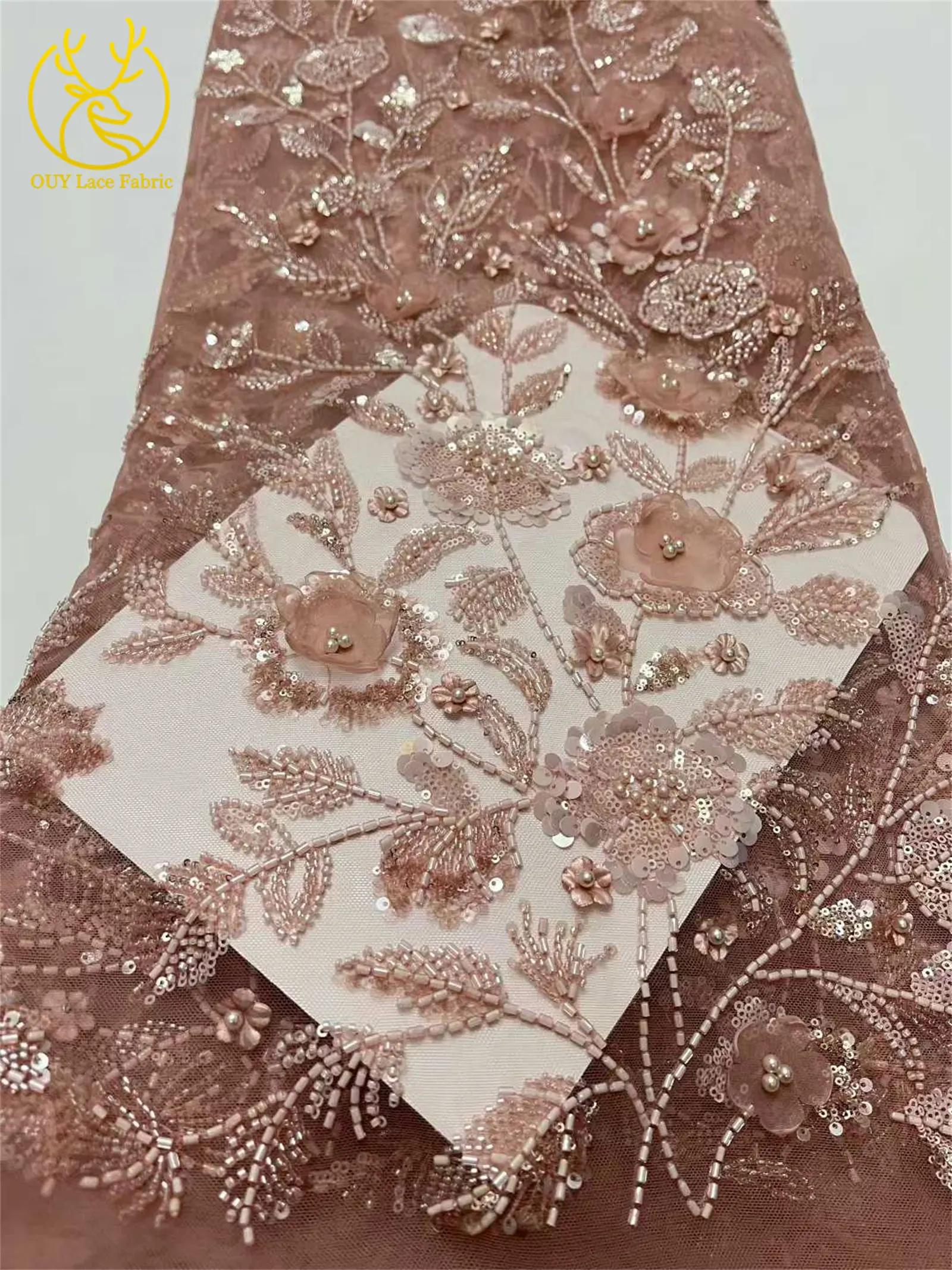 Afrikanischer 3D-Blumen-Handperlen-Spitzenstoff 2026 Hochwertiger Französischer Stil Nigerianischer Pailletten-Spitzenstoff Ideal für Partykleider – Detail 6