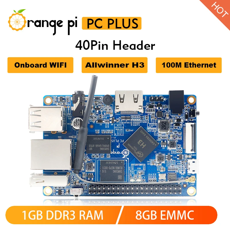 AvaCoreOrange Pi PC Plus 1GB RAM 8GB EMMC Flash Single Board Computer Allwinner H3 CPU Support TF Card/HDMI/WiFi/40Pin DC Power