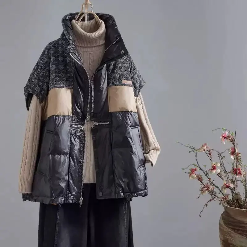 다운 베스트 여성용 신상 트렌드 컬러 배색 재킷 2025 가을 겨울 얇고 따뜻한 여성 재킷