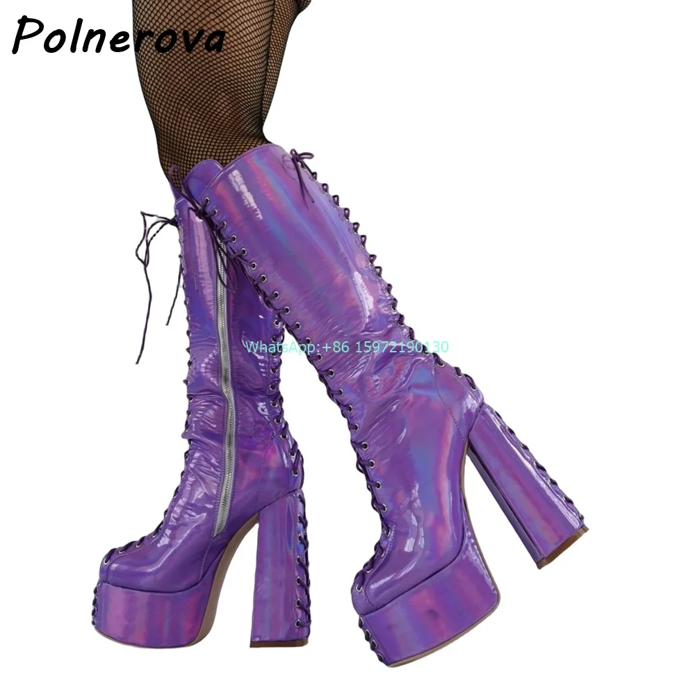 Stivali alti al ginocchio Color specchio viola piattaforma punta tonda tacchi grossi cerniera scarpe incrociate scarpe di nicchia da donna in stile gotico