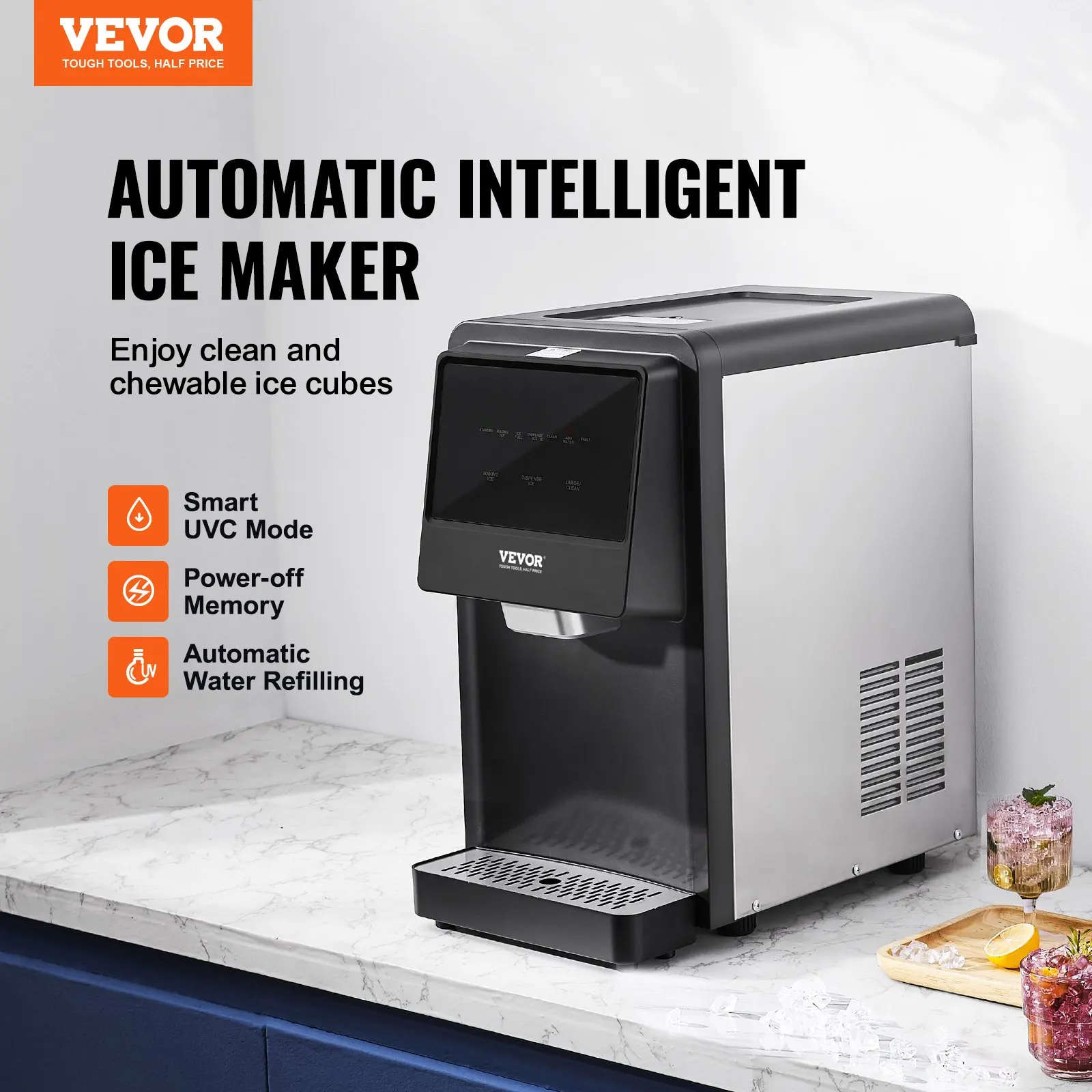 VEVOR Countertop Ice Maker,30/37/62lbs in 24H,Auto Self-Cleaning Portable Ice Maker,Automatic Water Refill Ice Machine for Home
