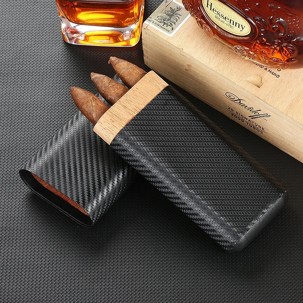 

Carbon Fiber Cigar Leather Case Portable Cigar Holder Cedar Sealed Humidor Travel Portable Three Pack Cigar Moisturizer China
