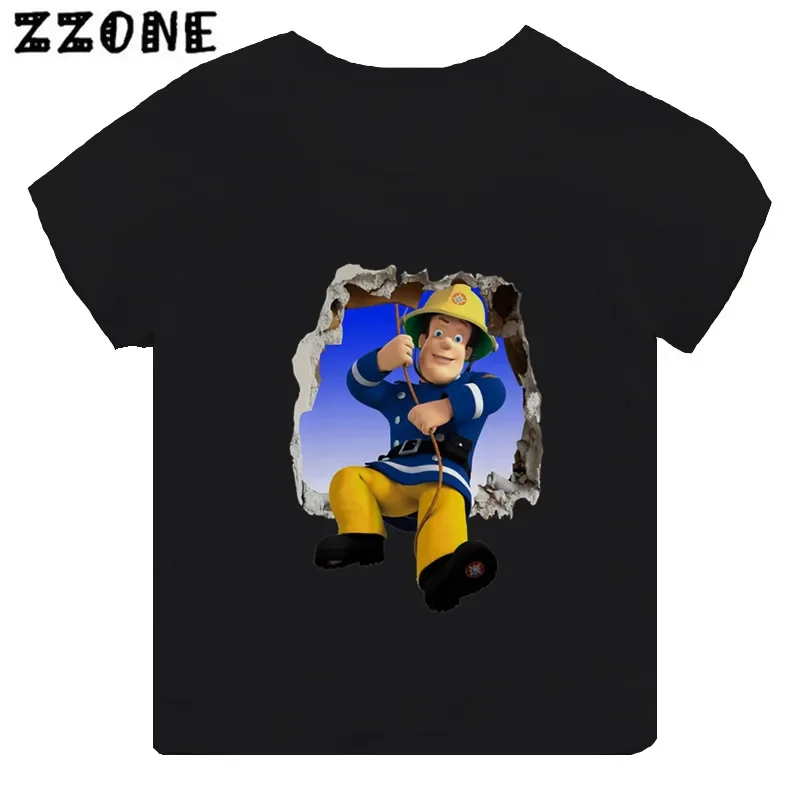 Hot Sale Fireman Sam Print Cartoon Kids T-shirt Funny Girls Clothes Baby Boys Black Short Sleeve T shirt Children Tops,TH2450