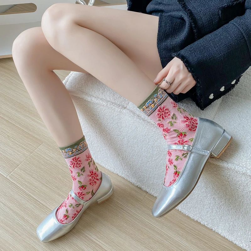 5 Pairs Streetwear Winter Cotton Socks Women Fashion Harajuku High Quality Flower Print Kawaii Socks Korean Style Long Sokken