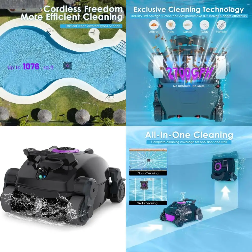 Limpiador Robótico de Piscinas Ligero con Doble Motor y Batería de Larga Duración para Piscinas Enterradas y Elevadas de hasta 1100 Pies Cuadrados