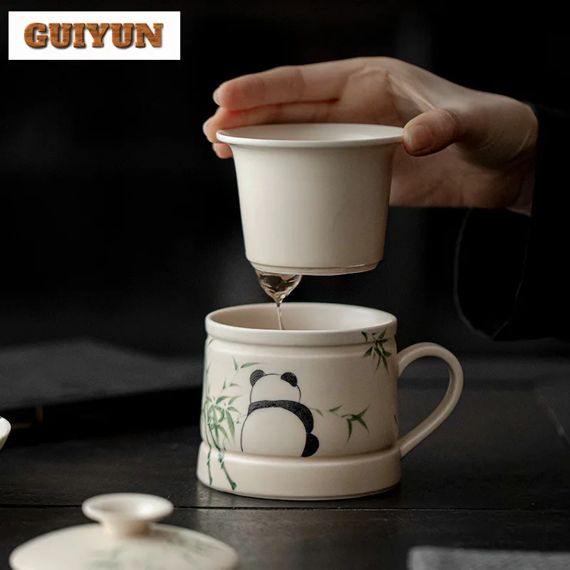 

260ml Hand Painted Panda Play Bamboo Filter Tea Separator Cup Elegant Tea Mug with Infuser Tea Maker Office Water Cup Tea Items