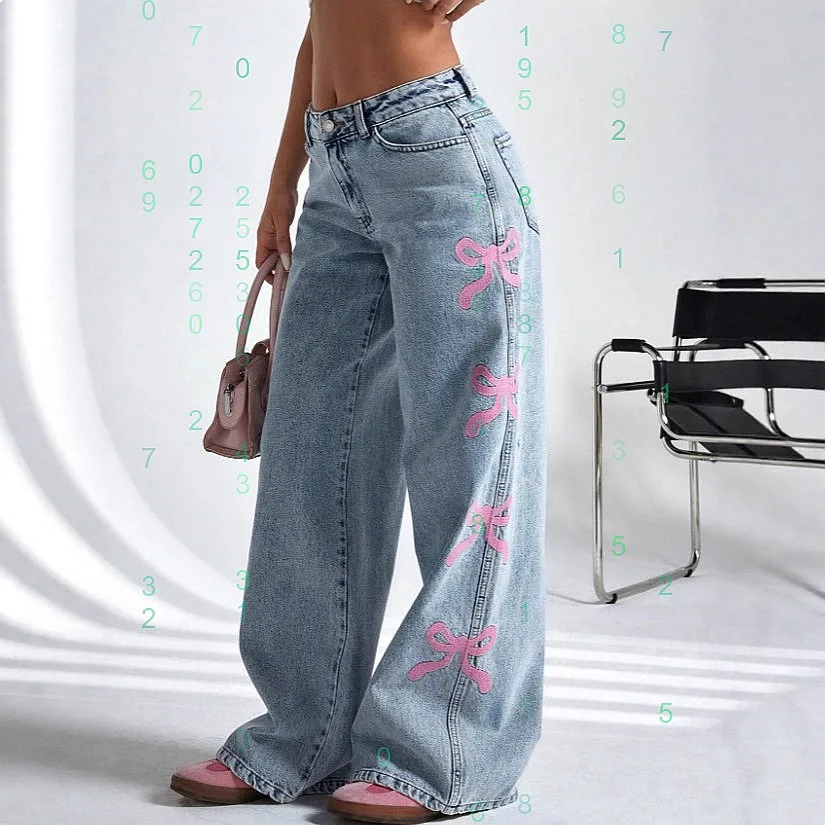 

Cross Washed High Waist Butterfly Design Jeans Casual Denim Pants