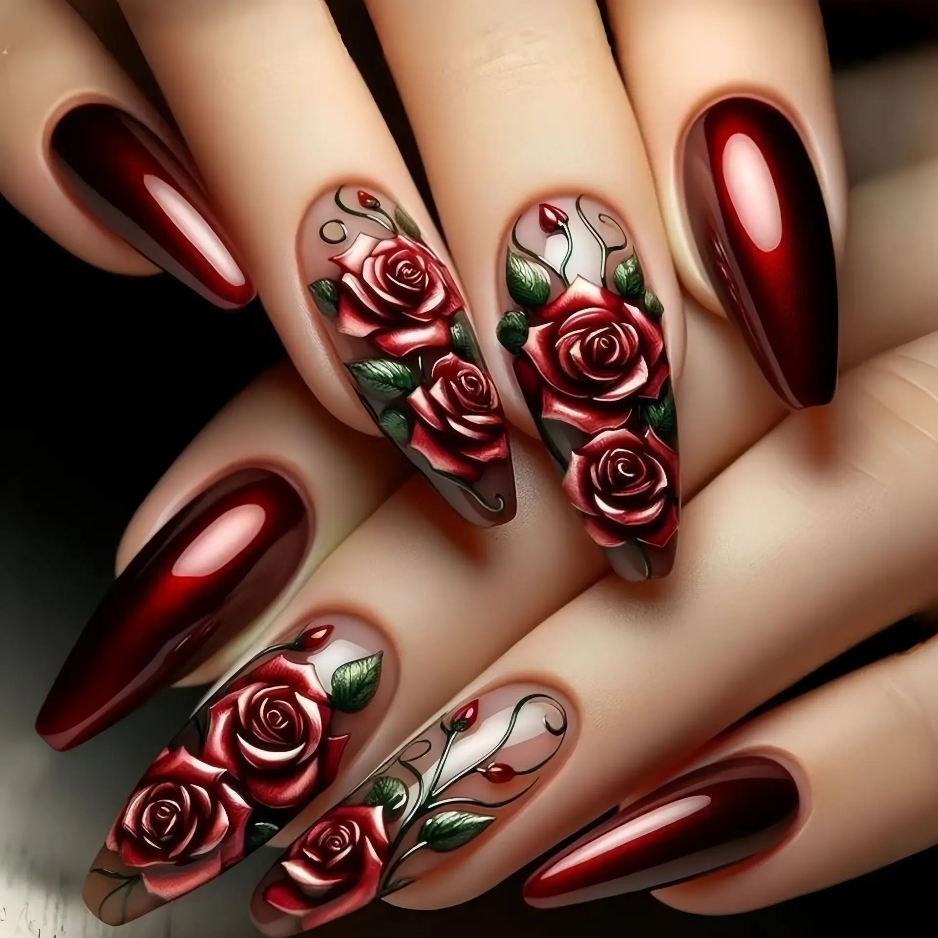 Lange Ballett-Kunstnägel für Frauen und Mädchen, graues rotes Rosenblüten-Design zum Valentinstag, vollständige Abdeckung, Nagelspitzen, zum Aufdrücken falscher Nägel