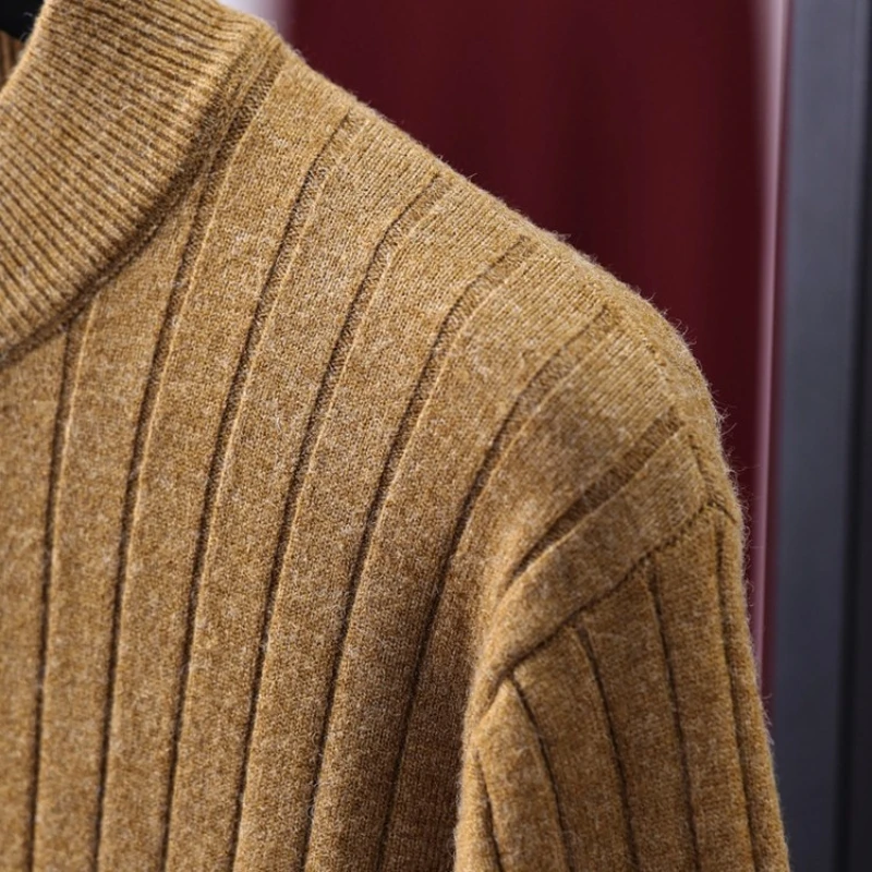 سترة رجالية محبوكة برقبة شبه عالية، نسيج صوف 500 جرام، مضاد للبيلينغ، طراز فاخر هادئ، بيج رمادي بني ​