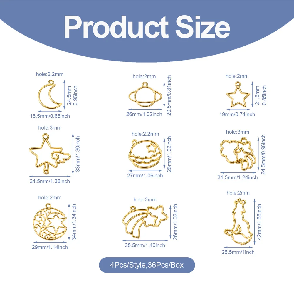 Kissitty 36Pcs 9 Styles Mixed Shape Star Alloy Open Back Bezel Pendants Metal Charm For Necklace Bracelet Earring Jewelry Making