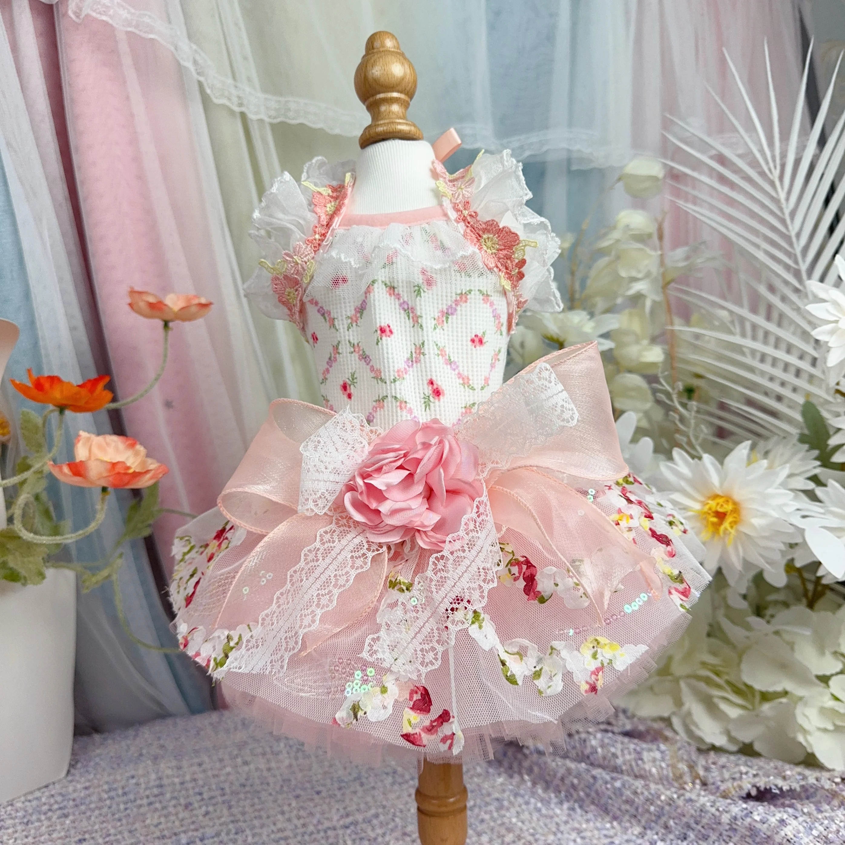 Handmade Cotton Pink Pet Dog Clothes 2024 Autumn New Small Floral Print Bow Sling Princess Dress For Small Medium Dog Chihuahua