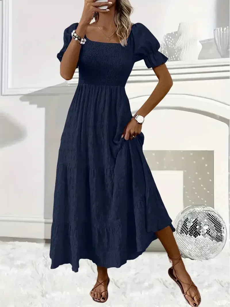 플러스 사이즈 1XL-5XL 새로운 여성 스퀘어 넥 반팔 튜닉 드레스 패션 드레스