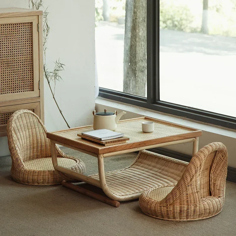 

Japanese Style Bay Window Side Table Solid Wood Rattan Woven Low Tables Bedroom Floor Tatami Desk Small Size Apartment Furniture