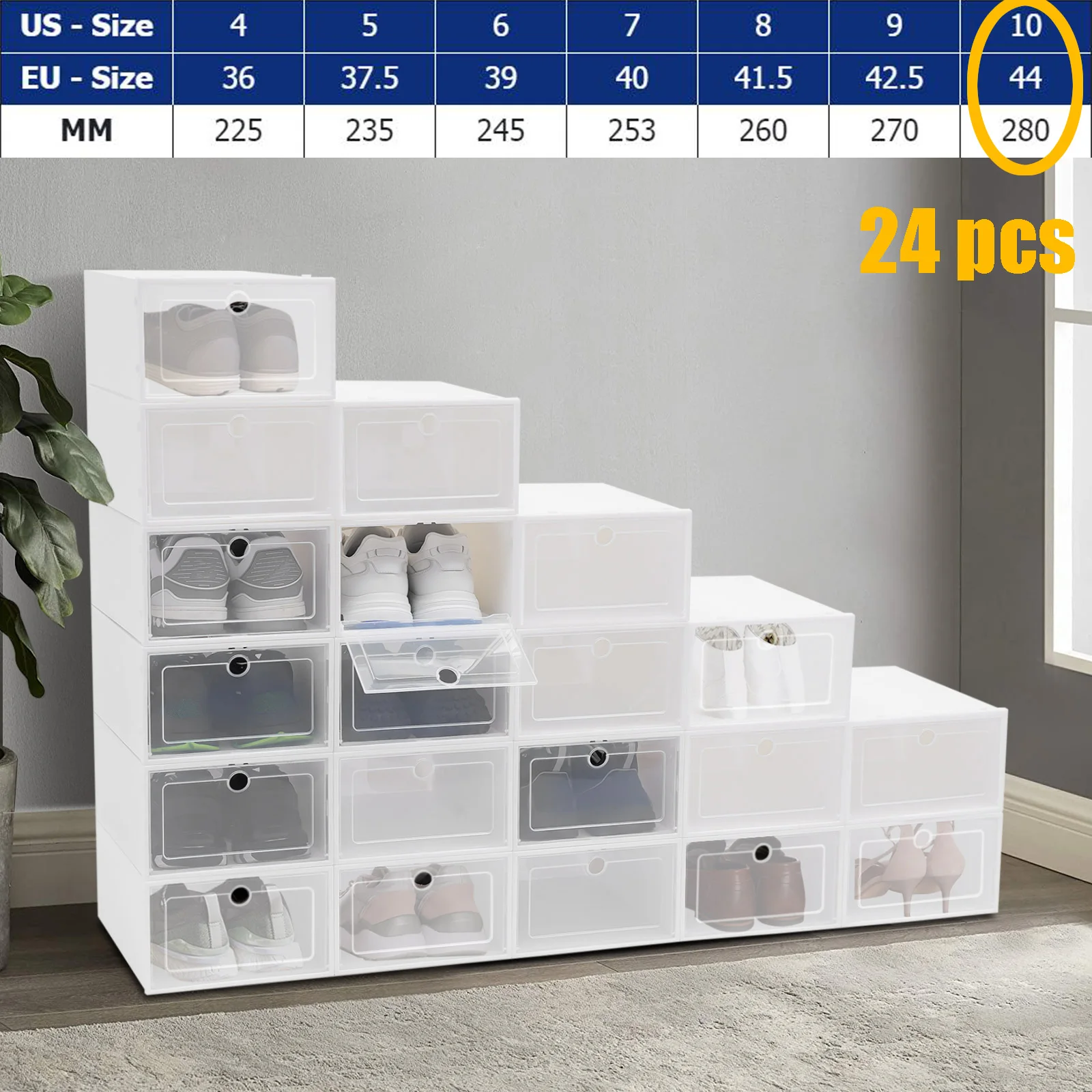 

24pcs/set Transparent Plastic Shoe Case Large Thickened Shoe Box Stackable Organizer Drawer Shoe Rack White