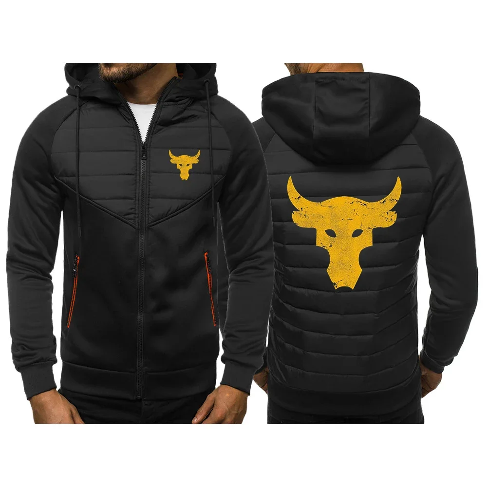 Dwayne Johnson Brahma Bull Tattoo Logo Printing 2024 Spring Autumn Men's Casual Loose Patchwork Zipper Long Sleeve Cotton Jacket