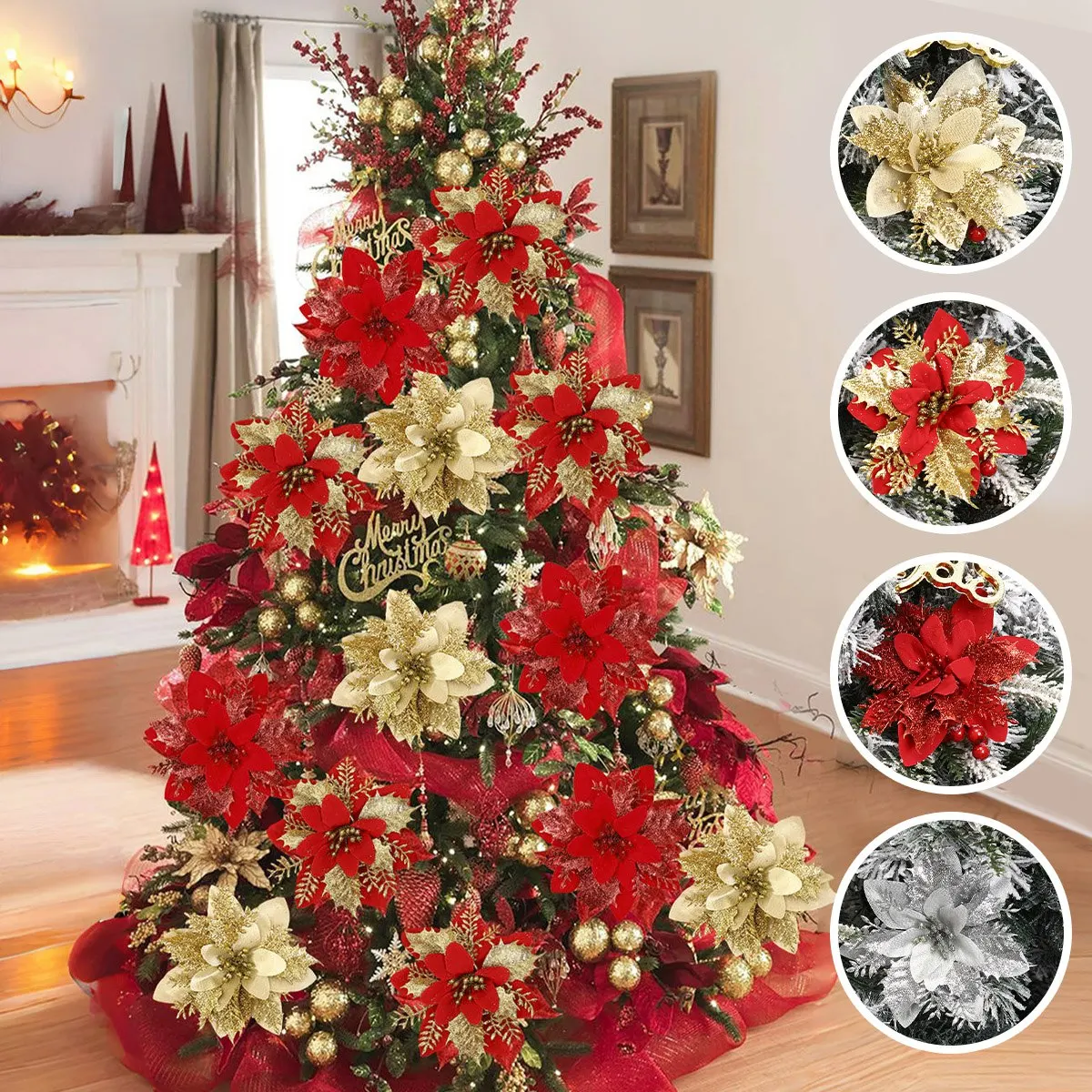 Christmas Glitter Artificial Flowers Christmas Tree Hanging Ornaments Fake Flower for Home 2024 Xmas New Year 2025 Navidad Gift