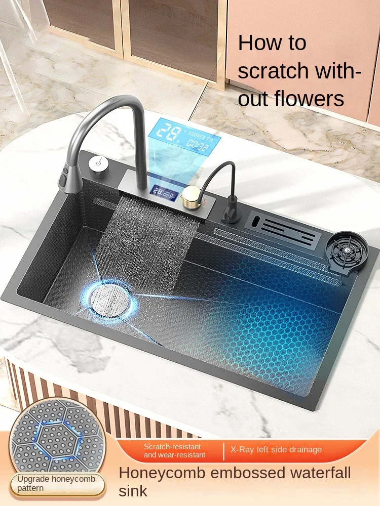 Digital Flying Rain Waterfall Flume Honeycomb large single slot 304 stainless Steel Nano vegetable washing Basin Kitchen sink