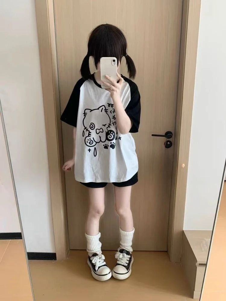 Japanese Summer Cartoon Printing T-shirts Y2k Aesthetic Casual Loose Kawaii Tops Women Contrast Color Patchwork Harajuku Tees