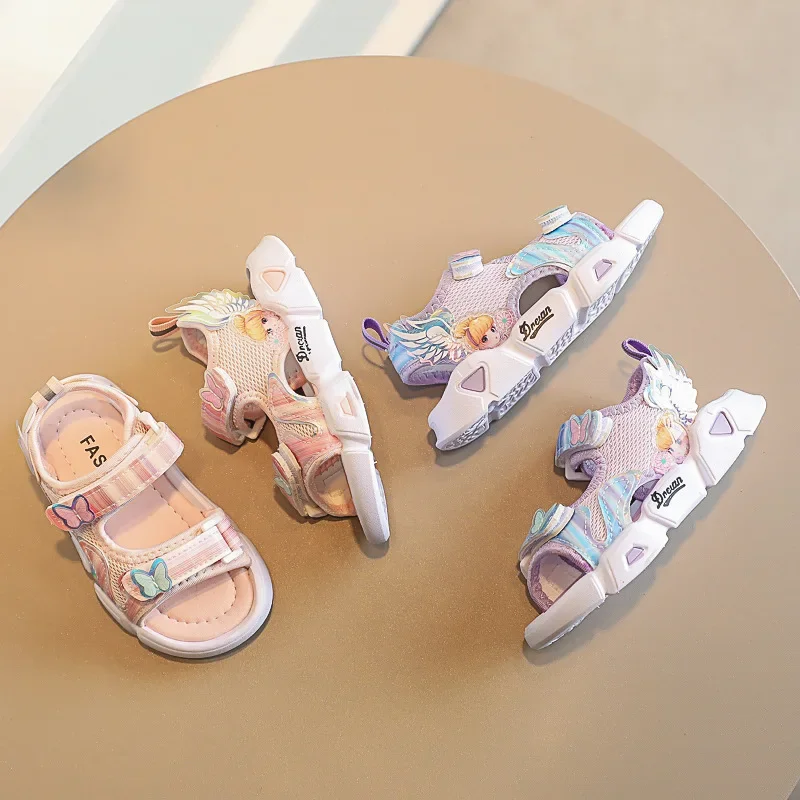 Girls Sandals 2022 Summer New Style Butterfly Breathable Mesh Soft Sole PVC Princess Flat Shoes Baby Girl Sport Beach Sandals