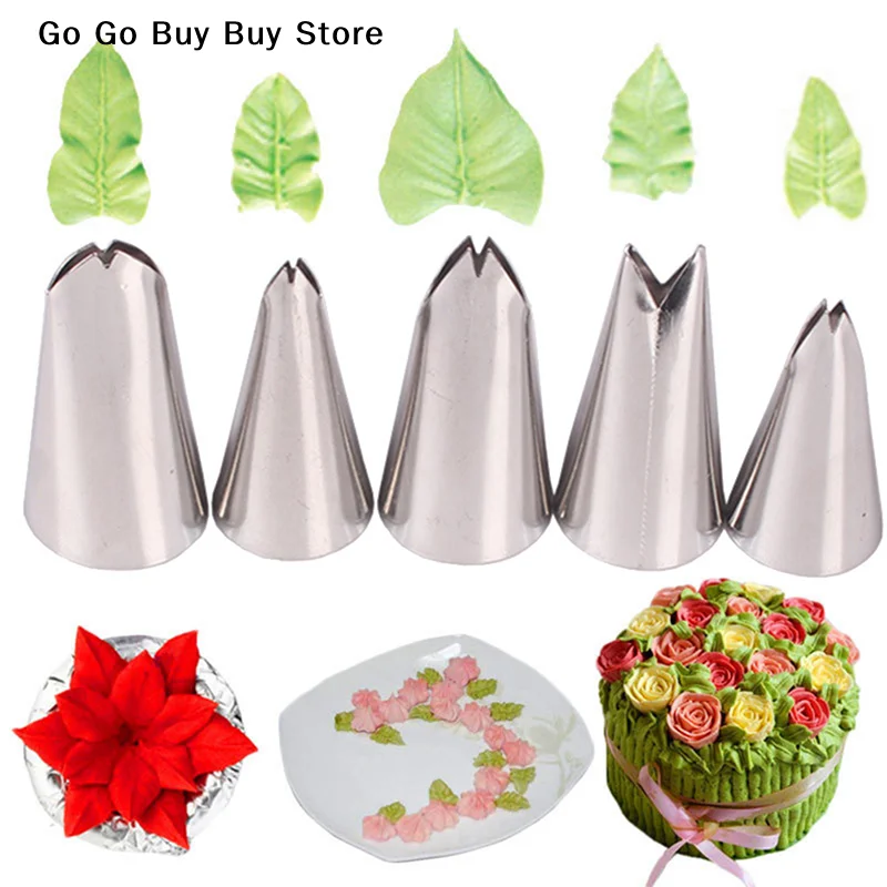 【S】5Pcs/set Leaves Shaped Nozzles Stainless Steel Icing Piping Pastry Tips For Cake Decorating Tool