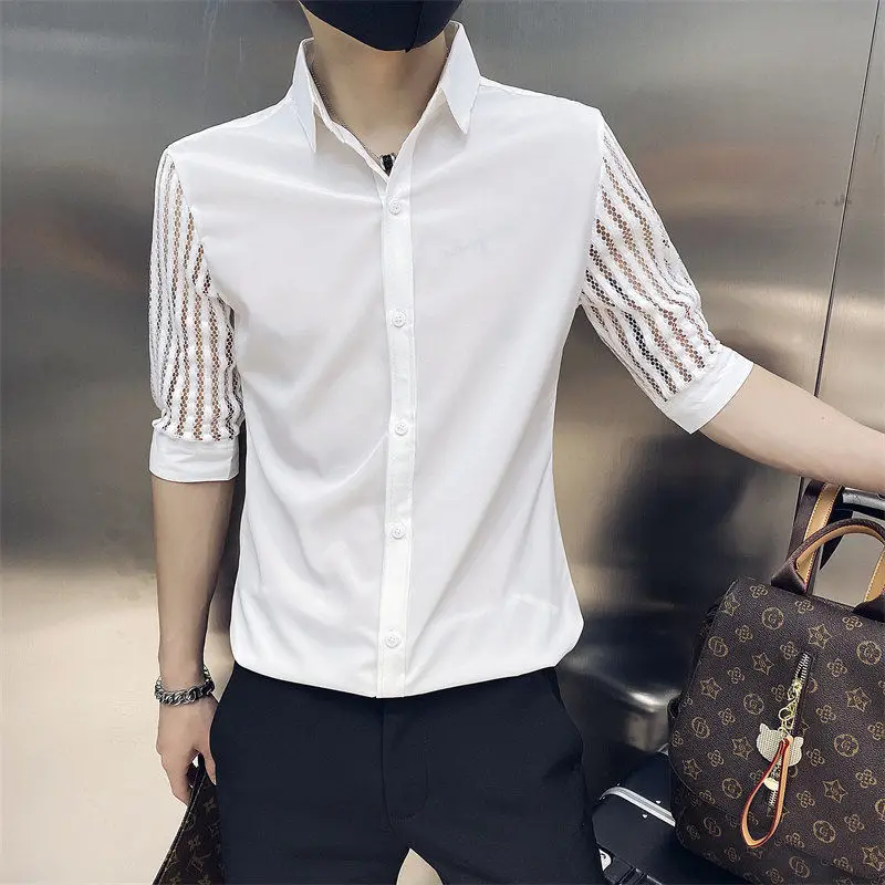 

Summer Boyfriend 2024 New Spliced Square Collar Button Hollow Out Fashion Solid Slimming Minimalist Casual Half Sleeve Shirts