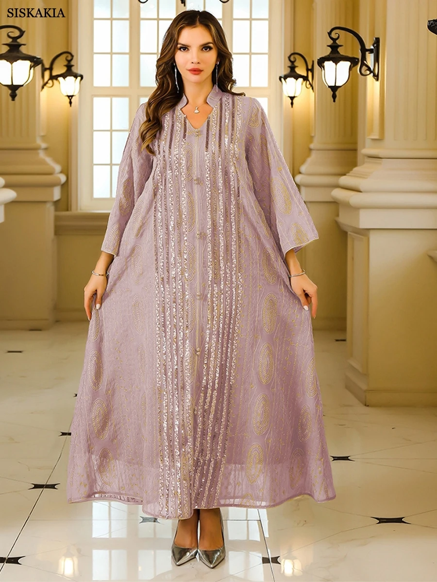 Siskakia-Robe Abaya à sequins dorés, col en V, manches longues, mode marocaine, islamique, arabe, élégante, décontractée, Jalabiya Everthin