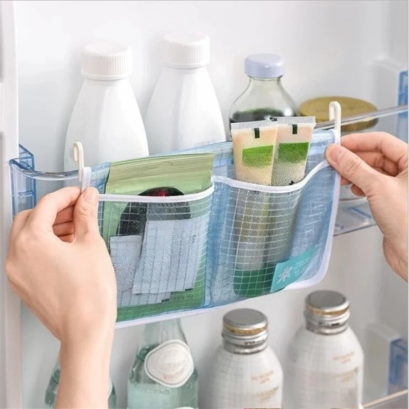 Refrigerator Storage Net Bag Double Compartment Hanging Mesh Organizer for Sauce Packets Spices Kitchen Pantry Organization