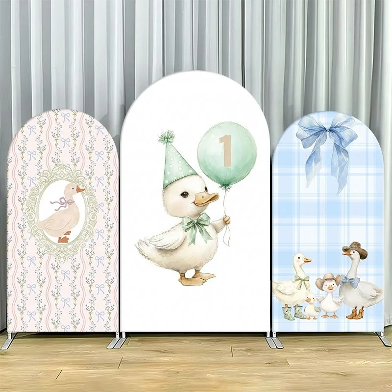 

Single Side Arch Backdrop Cover Elegant Duck Themed Party Backdrop Set Featuring Vintage Floral Panel with Duck Portrait Green