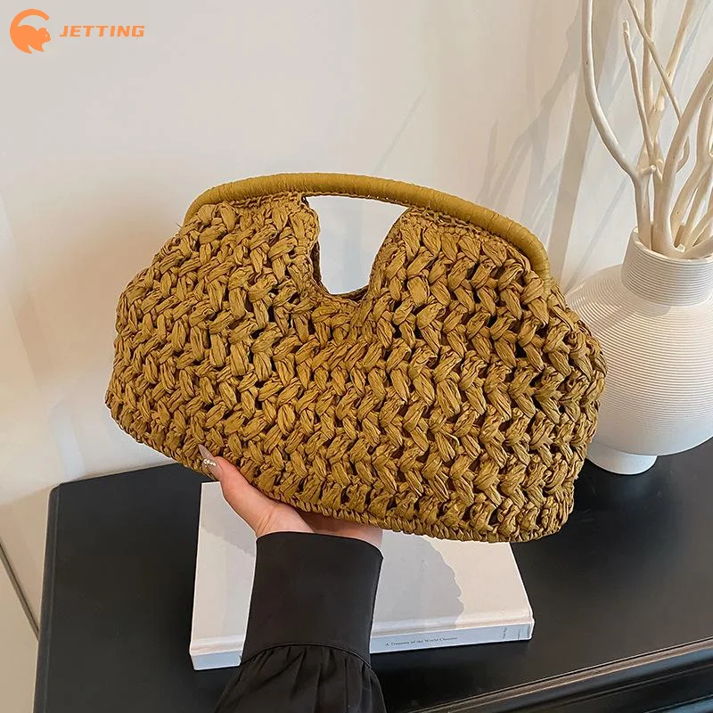 1 Buah Tas Tangan Anyaman Elegan Tas Ketiak Jerami Pantai Wanita Tas Bahu Travel Kapasitas Besar Tas Malam untuk Hadiah Wanita