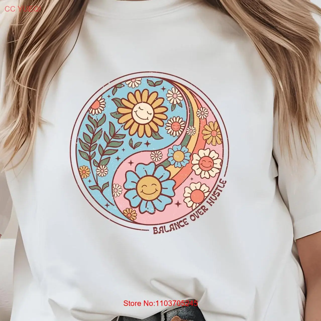 Boho Distressed Balance Over Hustle Groovy Ying Yang Bella Холщовая футболка с круглым вырезом DTF 50402 с длинными или короткими рукавами