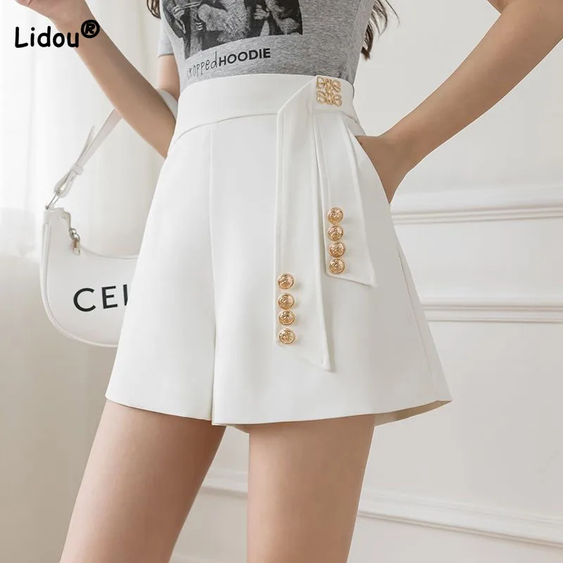 Casual All-match High Waist Wide Leg Shorts for Female Simplicity Commute Solid Color Spliced Shorts Fashion Women's Clothing