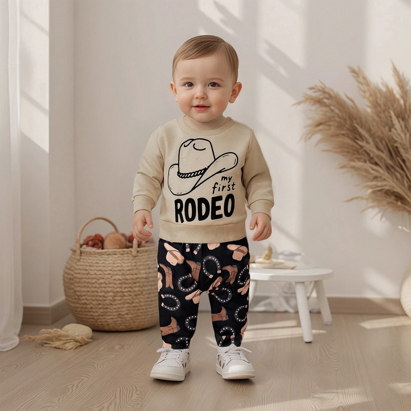 

Toddler Baby Boy Fall Outfit Western Print Crew Neck Long Sleeve Sweatshirt and Pants 2 Pcs Set