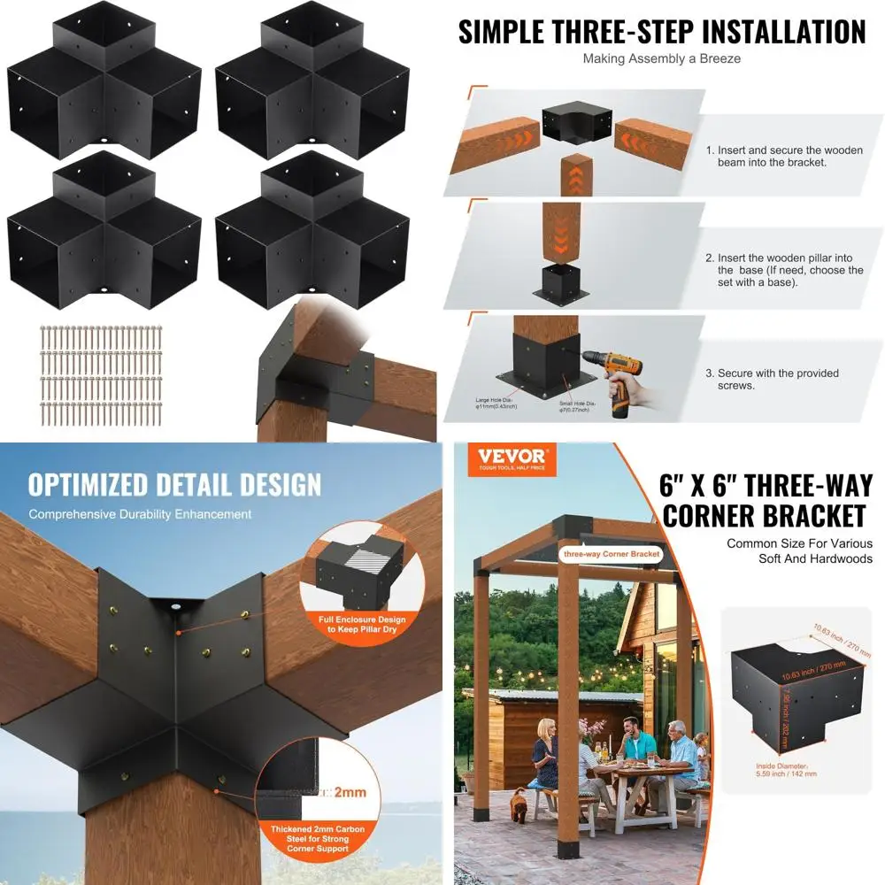 

Heavy-Duty 3-Way Corner Bracket Kit for Pergola, 4 Pieces, Inner Size 5.6x5.6, Easy Installation, DIY Post Base Support