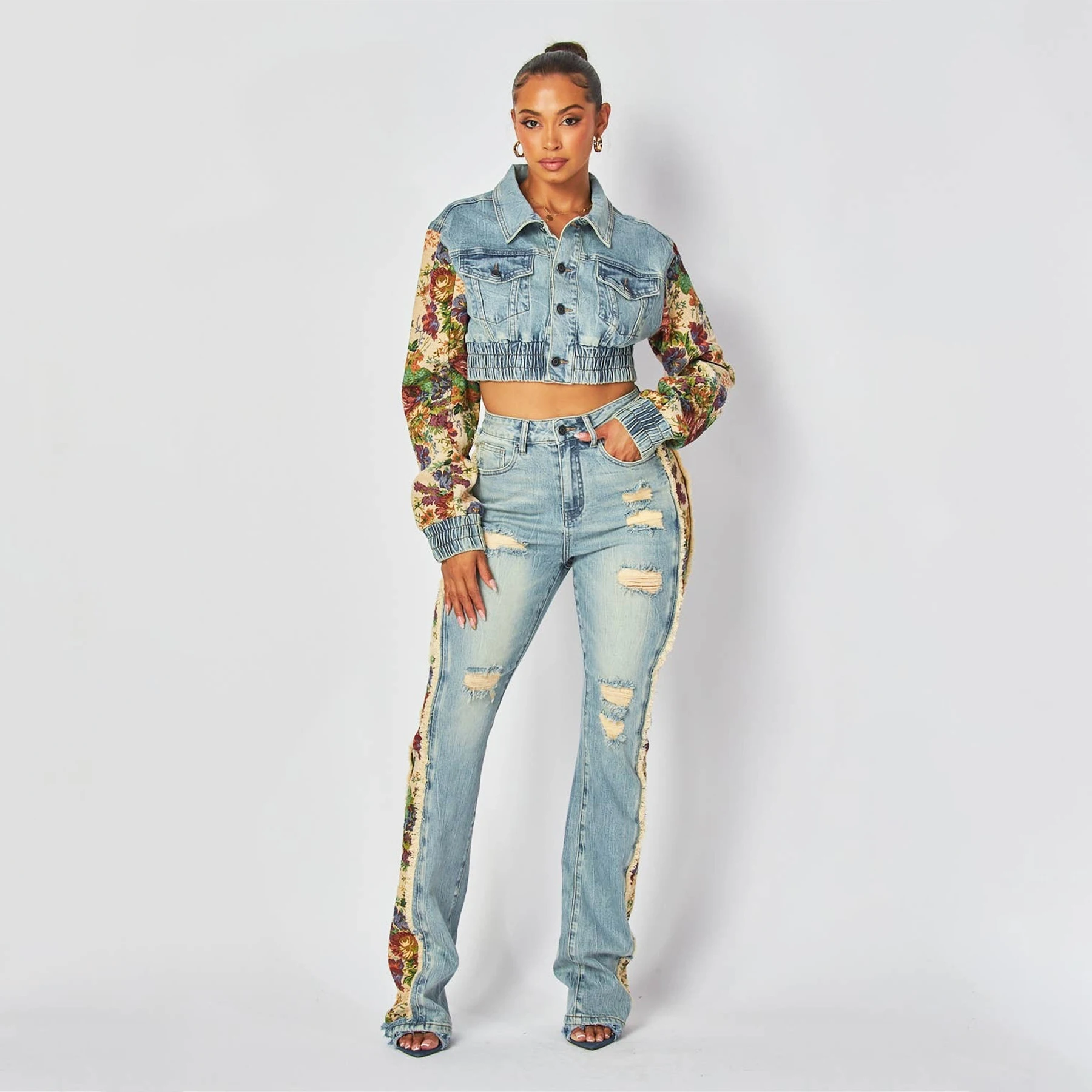 2024 Dames bedrukt splicing denim jack met lange mouwen en piercing jeans lange broek kleurcontrasterende set tweedelige set